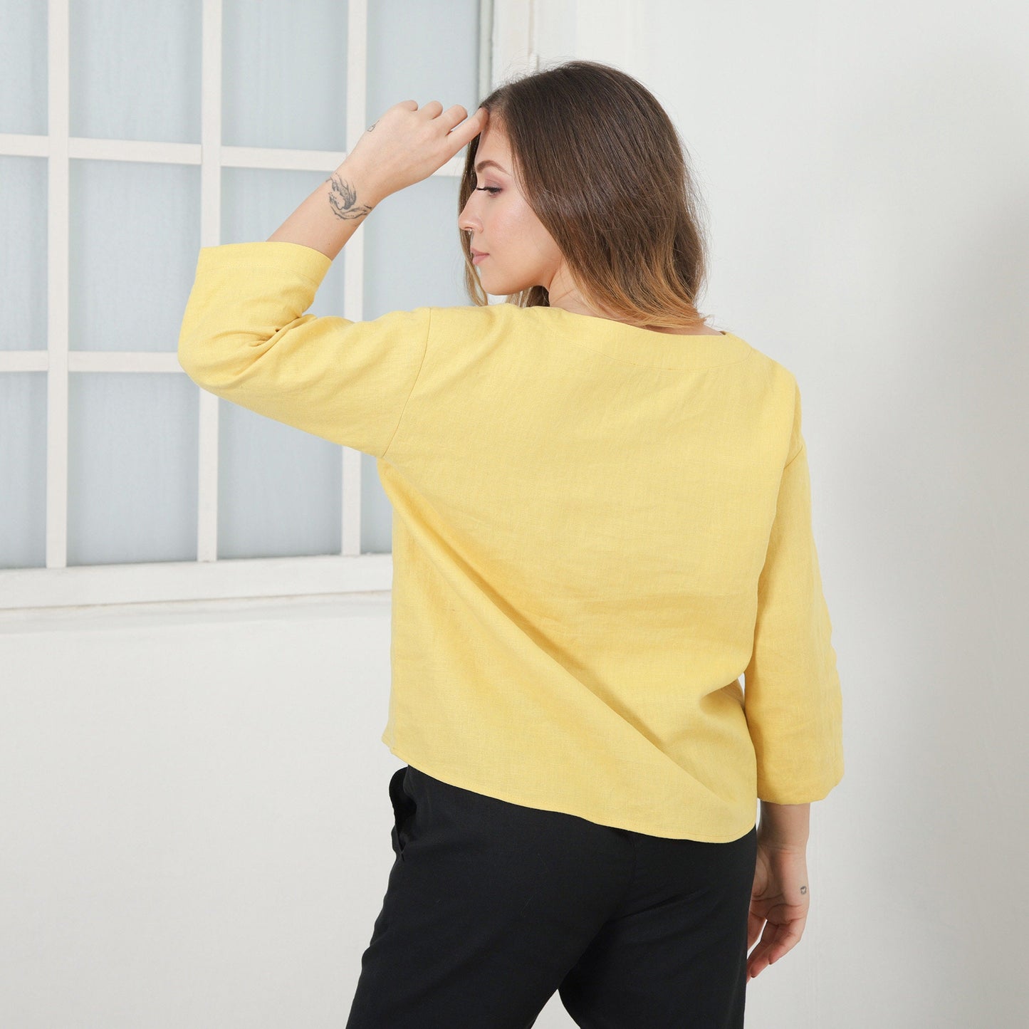 Yellow Linen Shirt, Basic Linen Top, Washed Linen Blouse, Spring Woman Loose Casual Top