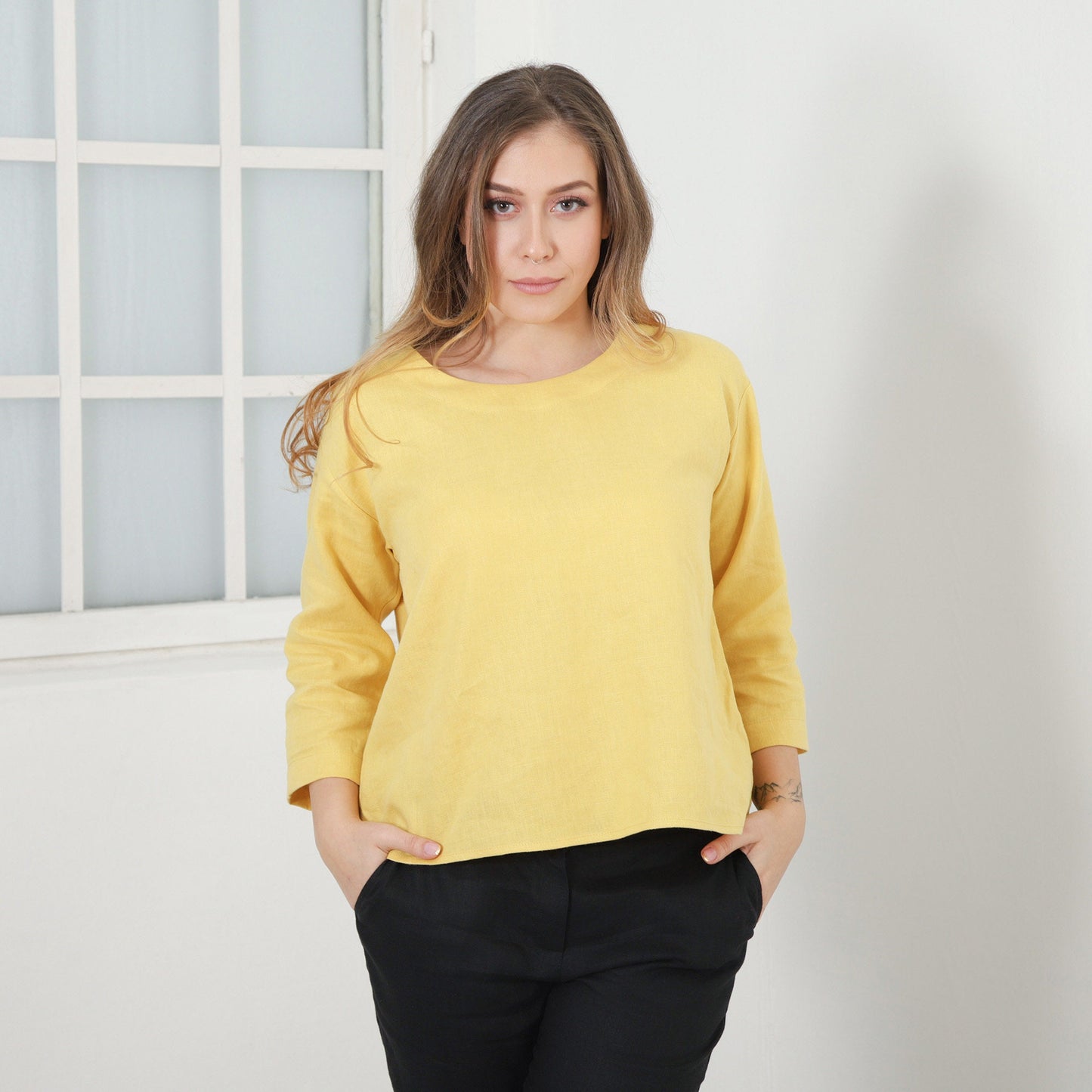 Yellow Linen Shirt, Basic Linen Top, Washed Linen Blouse, Spring Woman Loose Casual Top