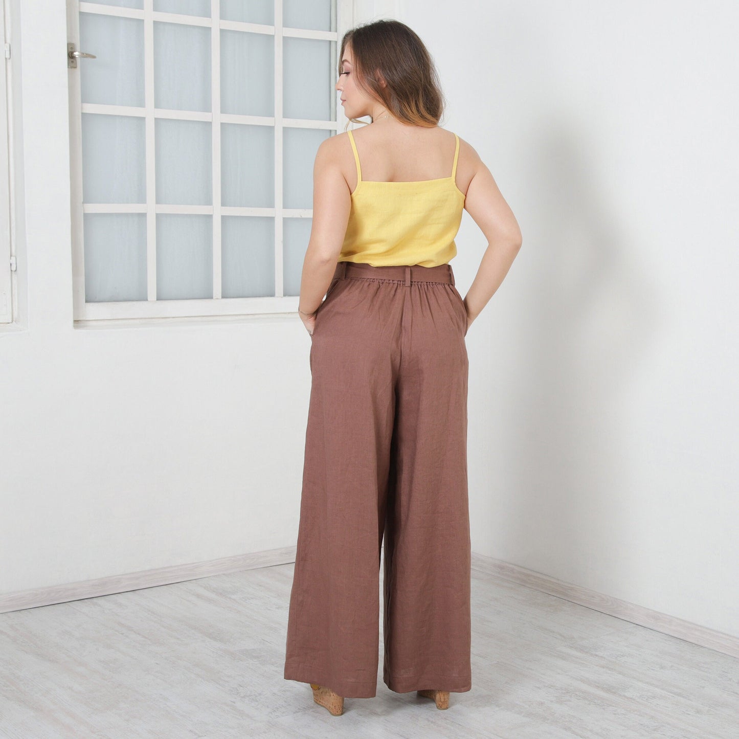 Woman Linen Pants with Tie Belt, Linen Palazzo Pants, Wide Leg Trousers, High Waisted Pants with Ribbon, Urban Streetwear by FriendsFashion