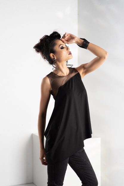 Woman Sheer Top, Black See Through Blouse, Sleeveless Tank Top, Loose Sexy Party Tulle Top by FriendsFashion