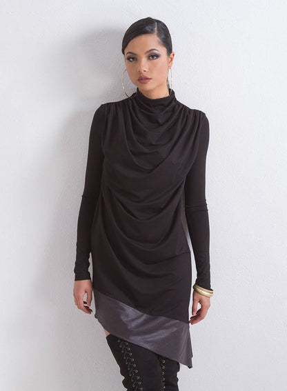 Faux Leather Tunic, Black Woman Tunic, Long Sleeve Tunic, Asymmetrical Tunic, Turtleneck Tunic, Sexy Black Tunic