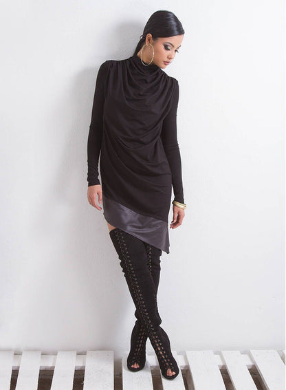 Faux Leather Tunic, Black Woman Tunic, Long Sleeve Tunic, Asymmetrical Tunic, Turtleneck Tunic, Sexy Black Tunic