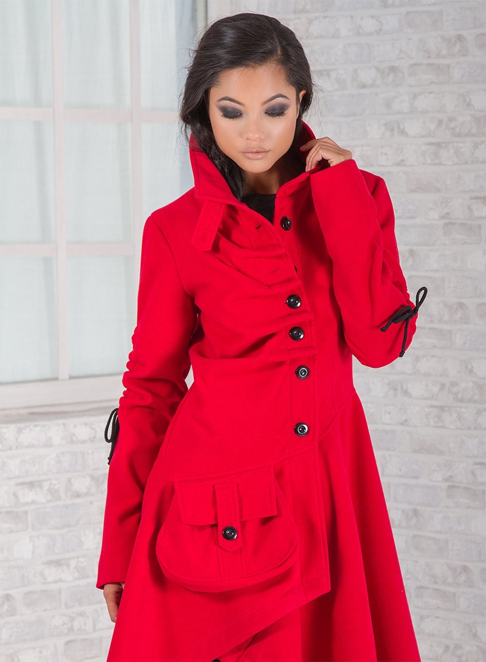 Warm Winter Coat, Red Wool Coat, Utility Women's Coat with lots of pockets and belts, Asymmetrical Coat, Extravagant Coat, Avant Garde Coat