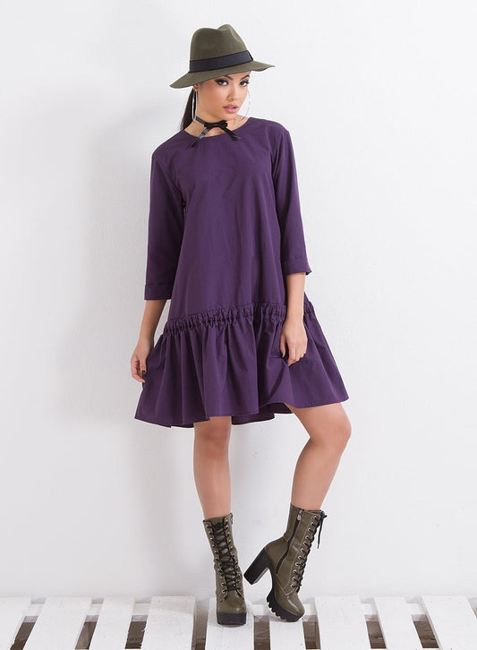 Loose Cotton Dress, Knee Length Dress, Ribbon Dress, Midi Sleeve Dress