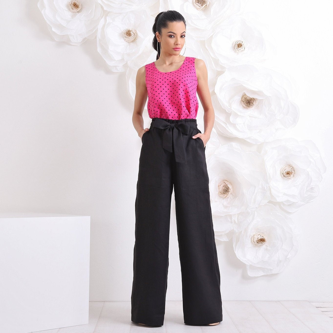 Black Linen Pants, Palazzo Pants, Pants & Top Set for Women, Linen Clothing